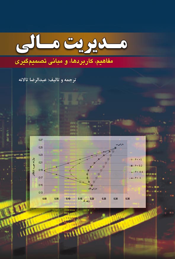 جلد سرمه‌ای کتاب مدیریت مالی مفاهیم کاربردها و مبانی تصمیم‌گیری، تالیف عبدالرضا تالانه، انتشارات کیومرث با نمودار تحلیل بازده مورد انتظار و ریسک