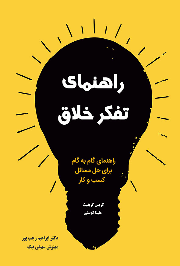 جلد زرد کتاب راهنمای تفکر خلاق با طرح لامپ سیاه بزرگ اثر کریس گریفیت و ملینا کوستی با ترجمه دکتر ابراهیم رجب‌پور